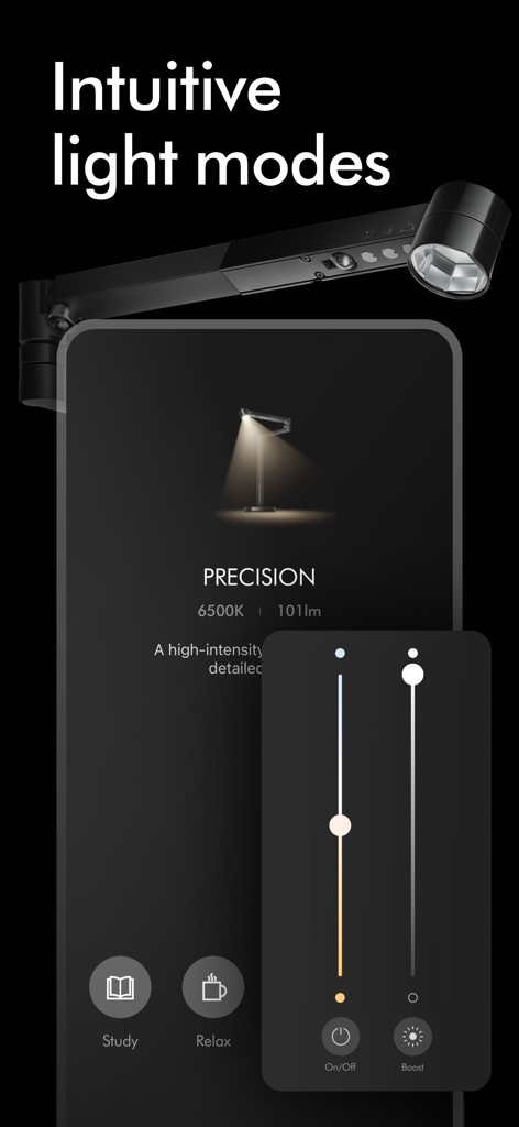 Interface de l'application MyDyson pour contrôler les modes d'éclairage intelligent et la luminosité
