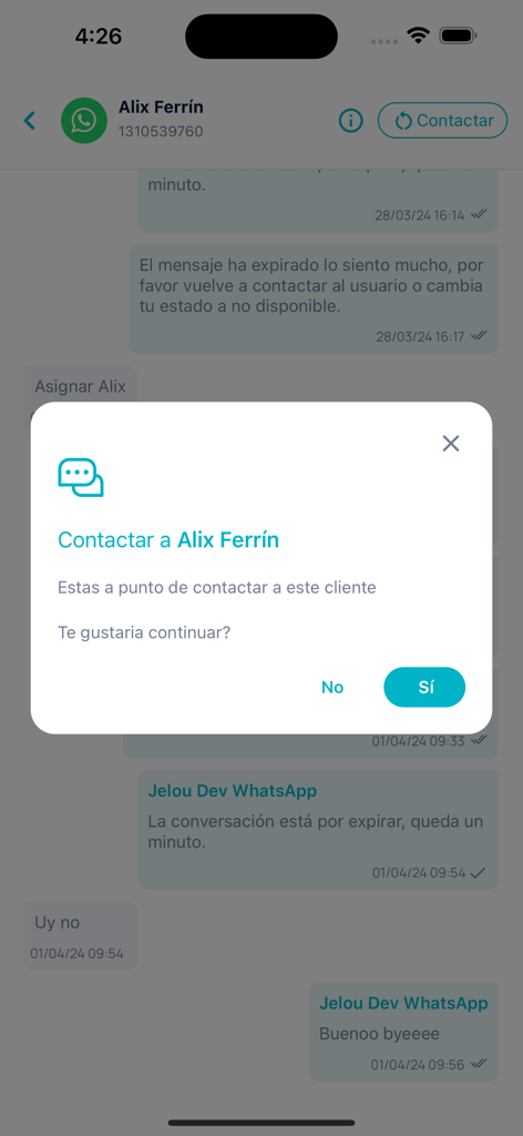 Jelou Connect - Jelou Connect mobile app showing a confirmation popup to contact a client via chat