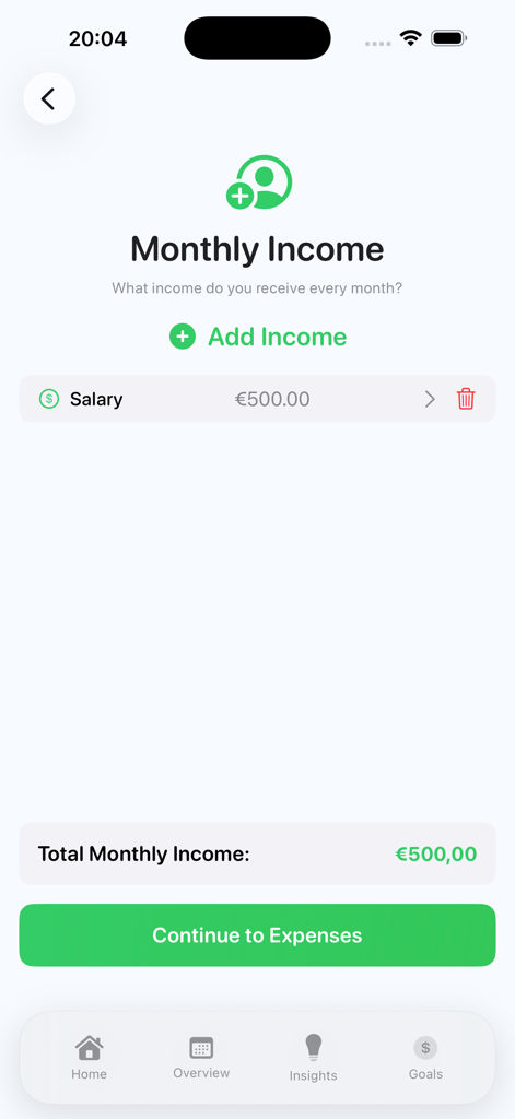 WealthRise app screen for entering monthly income showing a salary entry and a button to continue to expenses.