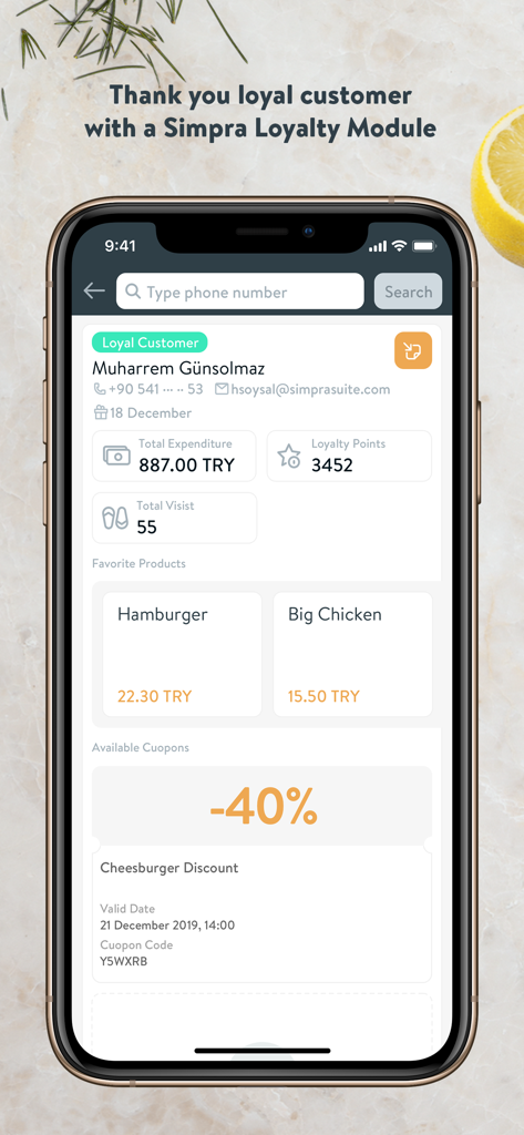 SIMPRA POS - Cloud Based RMS - Simpra POS loyalty module interface showing customer points and discount coupons on a smartphone screen