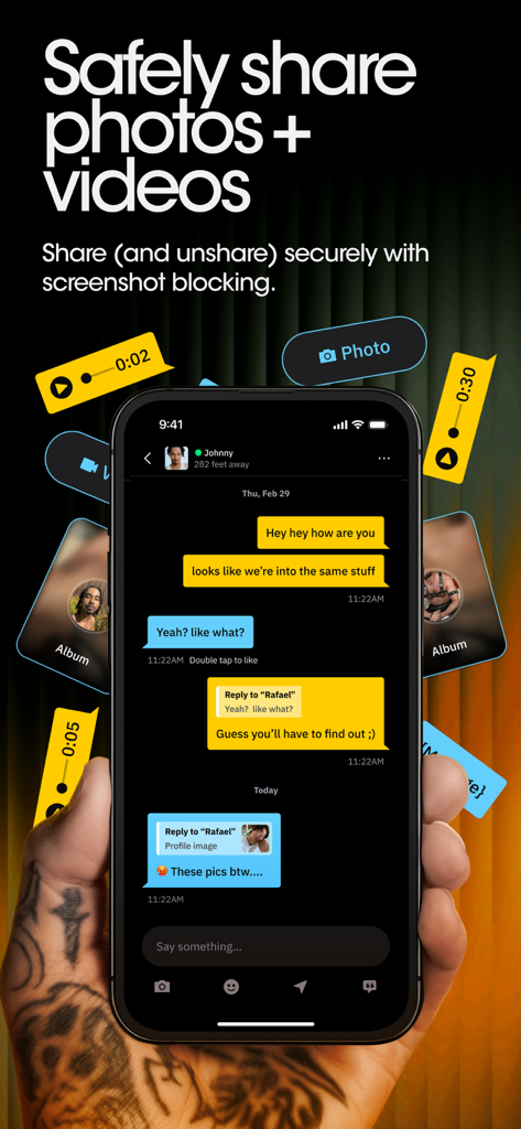 Grindr app screen showing secure photo and video sharing features in a chat interface