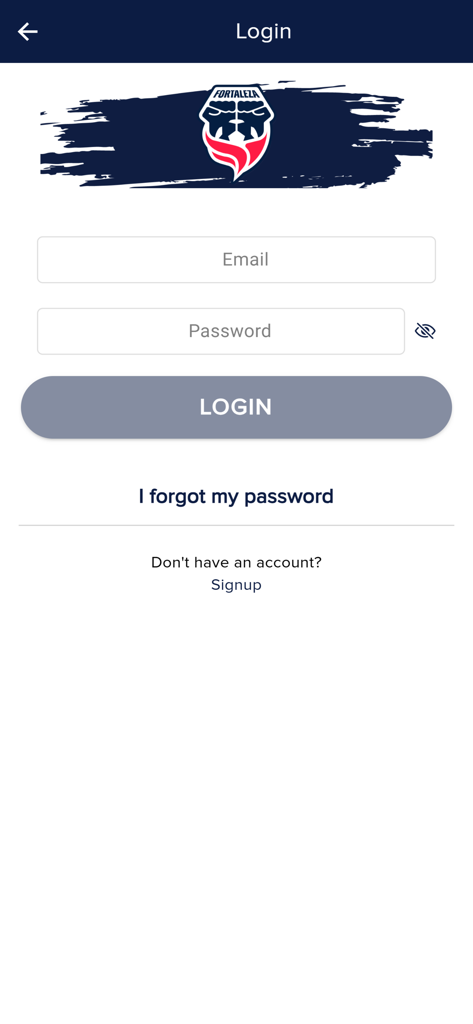 Fortaleza - Login screen for the Fortaleza CEIF football club fan app showing email and password input fields.
