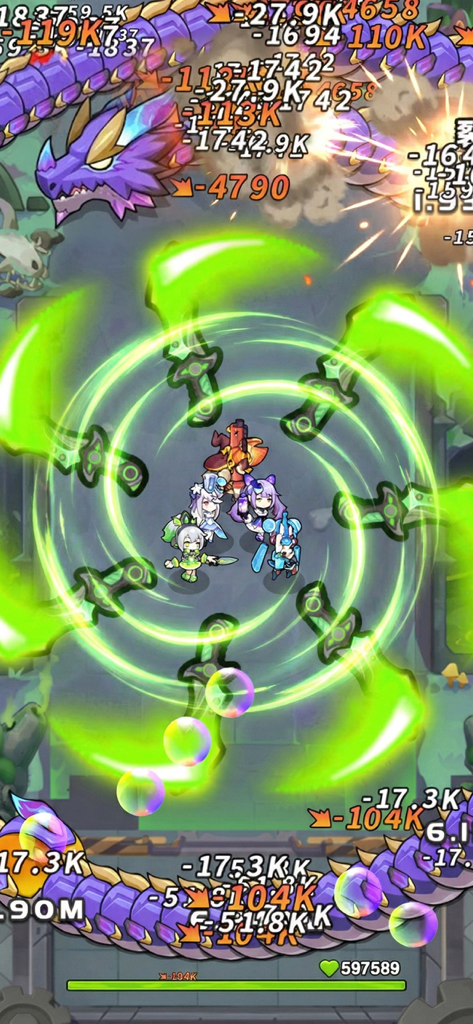 Dragon Fever TD - Dragon Fever TD gameplay showing a hero squad using a spinning green blade skill against giant purple dragons with floating damage numbers