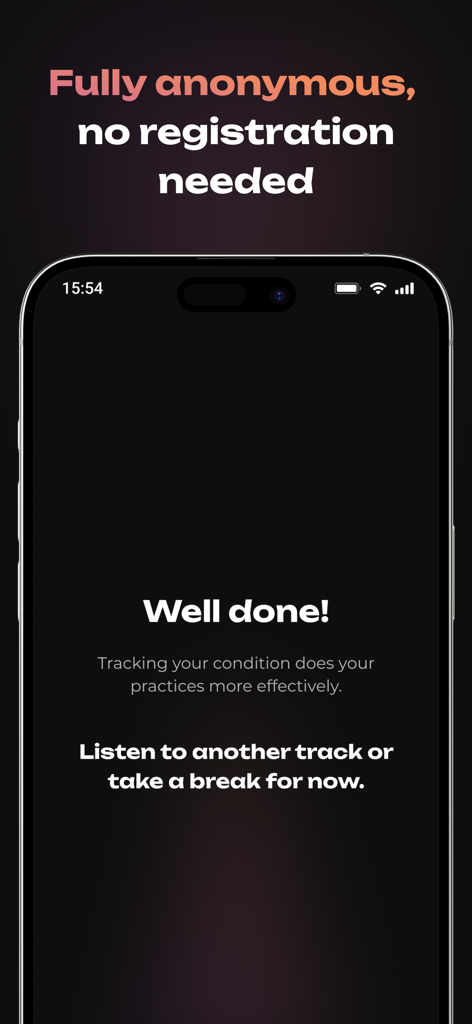 An iPhone screen displaying the Rino app completion message stating that the platform is fully anonymous and requires no registration.