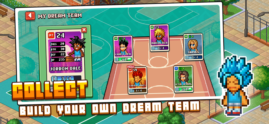 A pixel art game screen showing collectible player cards and the option to build your own dream team in Pixel Basketball.