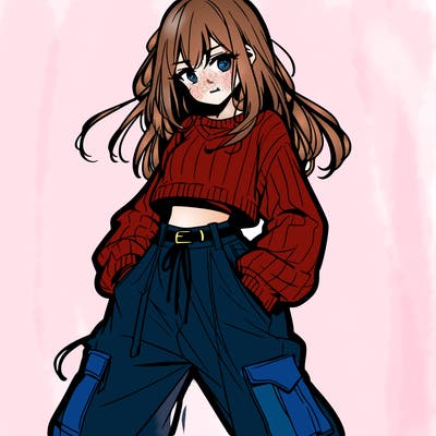 anime teen girl with baggy pants and crop top with sweater
