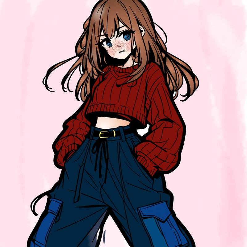 anime teen girl with baggy pants and crop top with sweater