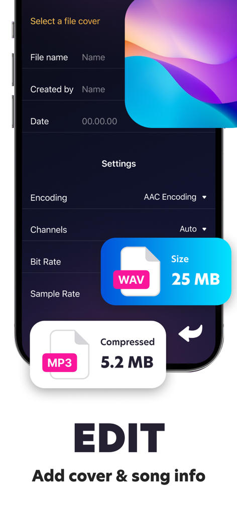 MP3 Audio File Batch Converter - Mobile app interface for editing audio metadata including cover art and song info with file compression details