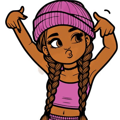 realistic teenage girl with braids and a beanie and crop top doing 🫶🏼