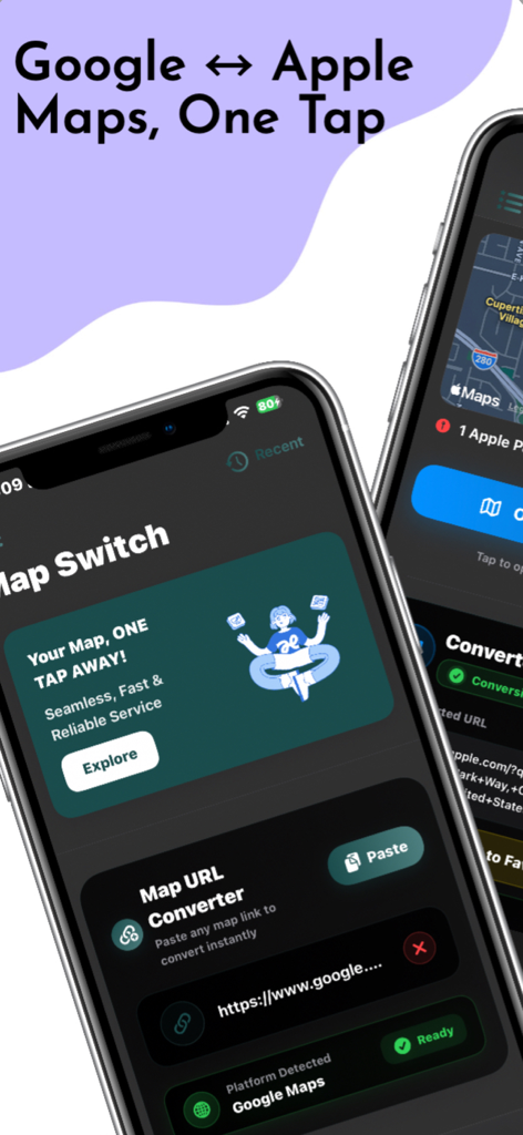 MapSwitch: Convert Map Links! - MapSwitch app interface displaying the one tap conversion between Google and Apple Maps