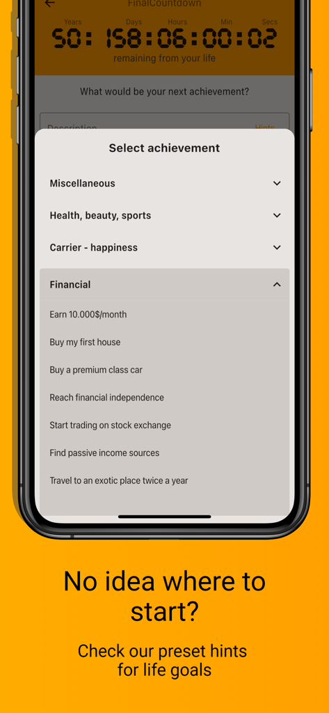 FinalCountdown Bucket List App - Selection menu of preset life goals and achievements in the FinalCountdown app