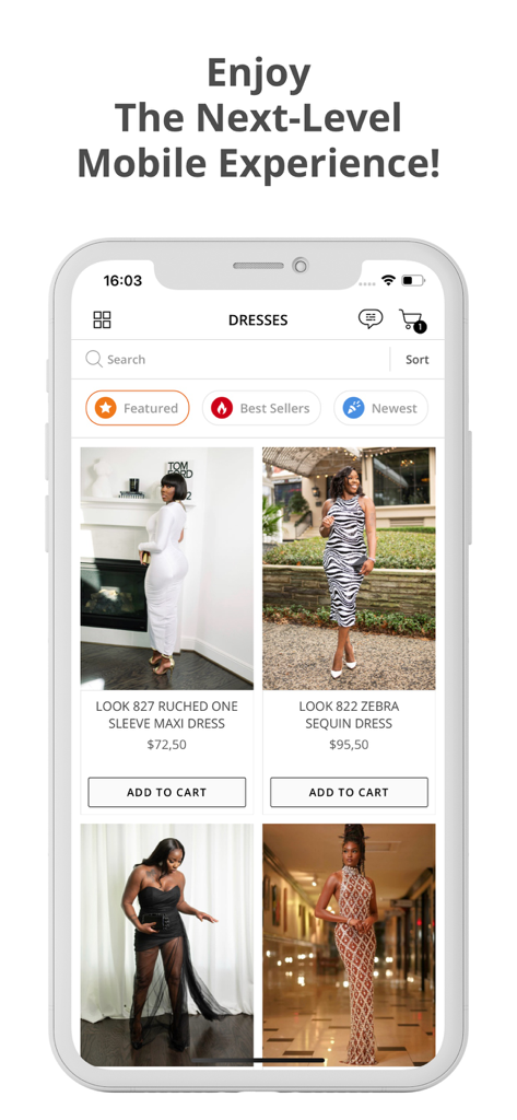 SOIGNEE BY SHANA COLE - Mobile app interface of SOIGNEE BY SHANA COLE showing a curated selection of elegant dresses for women.