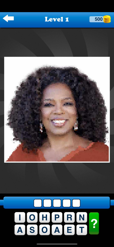 Guess the Celebrity Quiz Game - Gameplay screenshot of Guess the Celebrity Quiz Game level 1 featuring Oprah Winfrey
