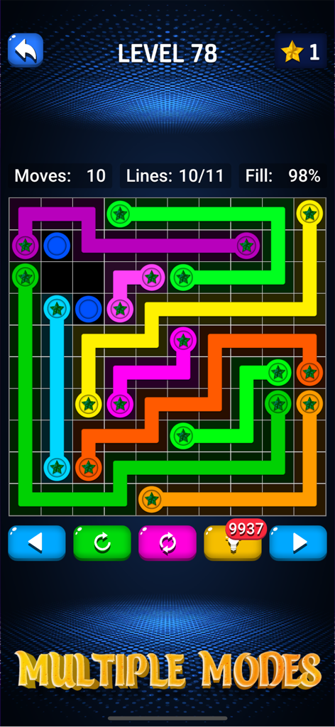 Connect Dots Color Matching gameplay screen showing a logic puzzle grid with colorful lines and multiple game modes