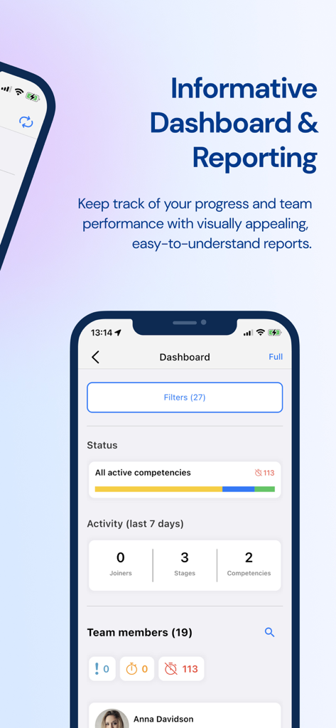 A mobile dashboard in the Compassly app showing clinical competency status and team performance reports.