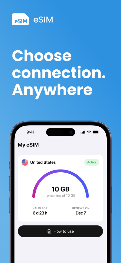 Interface of the eSim app showing an active 10GB mobile data plan for the United States on a smartphone.