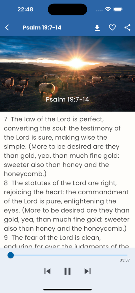 Scripture Singer - Scripture Singer app screen showing Psalm 19 verses with audio controls and a sunset landscape with sheep