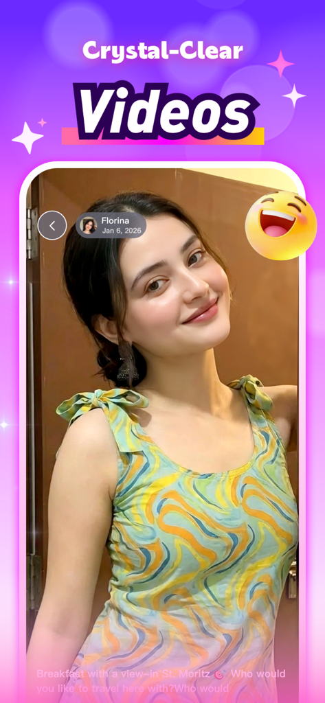 Wyzo - Video&Chat - A screenshot of the Wyzo app showing a crystal clear video post of a traveler named Florina in St Moritz