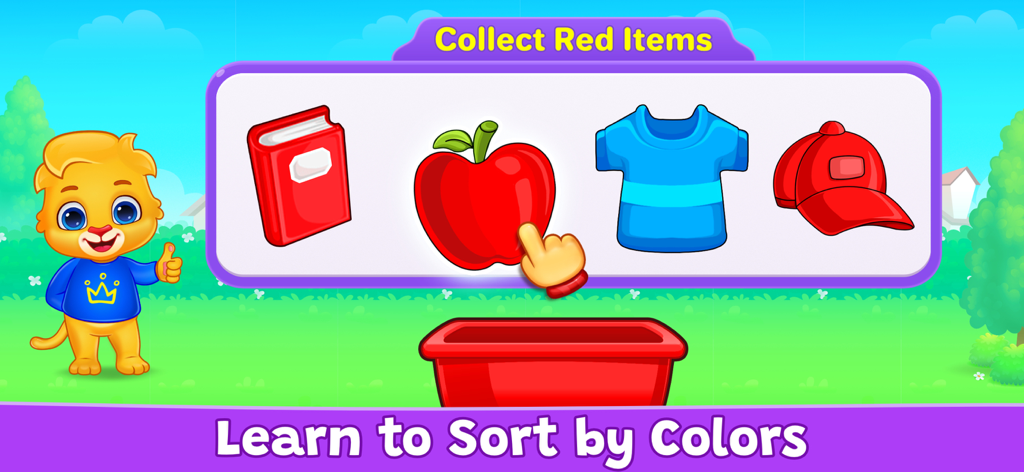 Colors & Shapes - Learn Color - Pantalla de juego educativo para niños pequeños que muestra cómo ordenar objetos rojos como un libro, una manzana y una gorra en un contenedor.