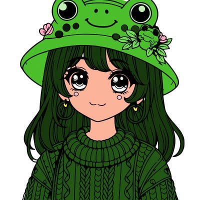 realistic girl wearing frog sweater and a frog hat with frog earrings
