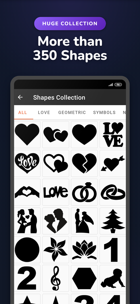 Phinsh Photo Collage Maker - A screenshot of the Phinsh Photo Collage Maker app showing a library of over 350 custom shapes including hearts numbers and symbols