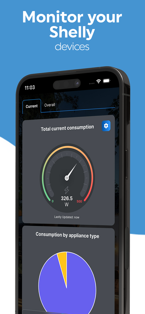 Shelly Smart Control Energieüberwachungs-Dashboard mit Leistungsmessgerät und Tortendiagramm der Geräte