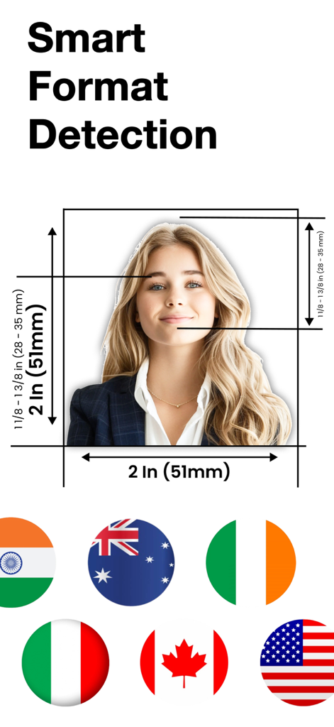 Detección de formato inteligente en una aplicación de fotos de pasaporte que muestra dimensiones y opciones de banderas internacionales