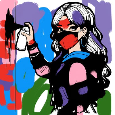 realistic girl with mask spray painting a wall