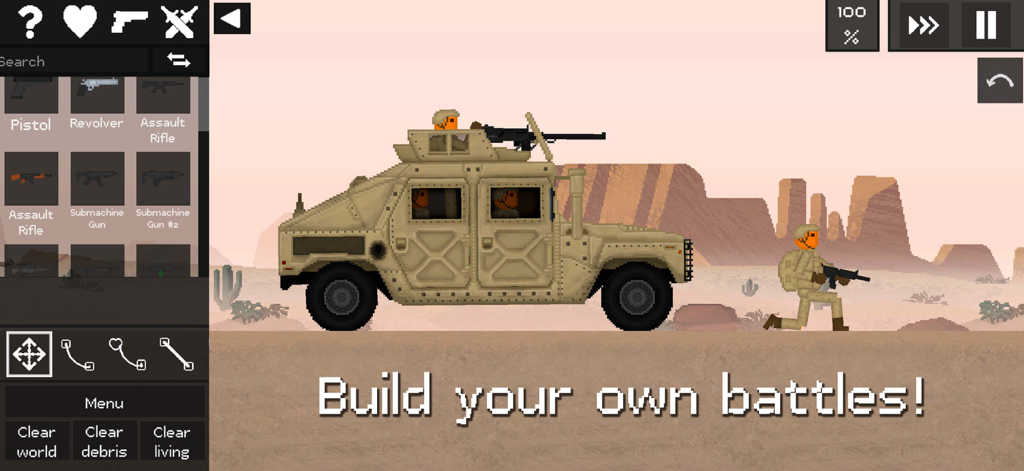 Pixelated fruit characters and a military vehicle in a desert sandbox