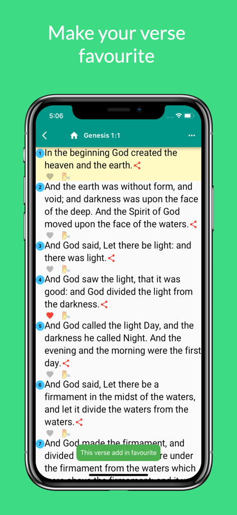 Word of God Bible app screen showing a favorited scripture verse