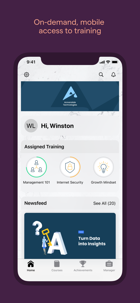 Zunos app dashboard displaying assigned training modules and newsfeed for sales professionals