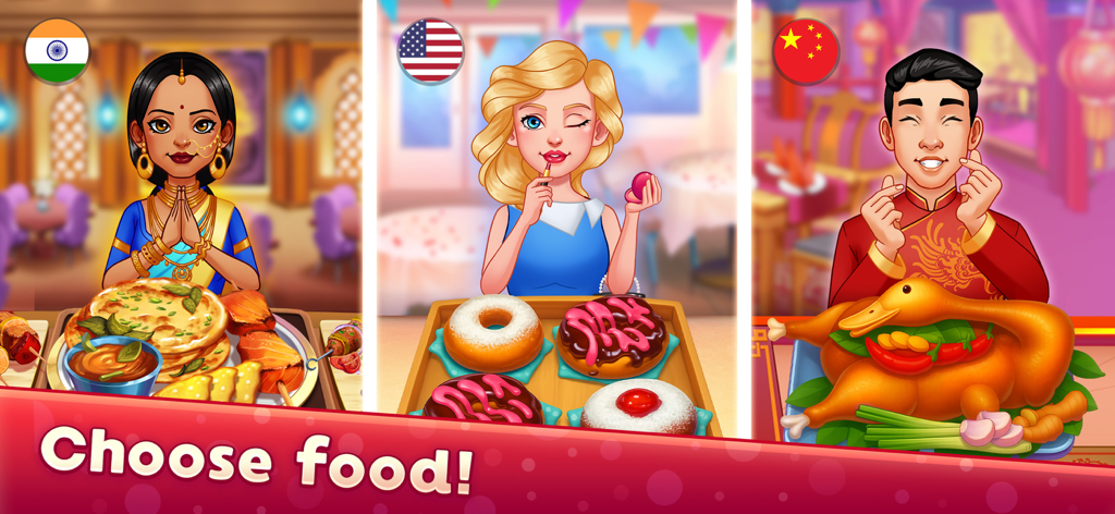 Three characters representing India, USA, and China presenting their traditional dishes in the Kitchen Craze cooking game.
