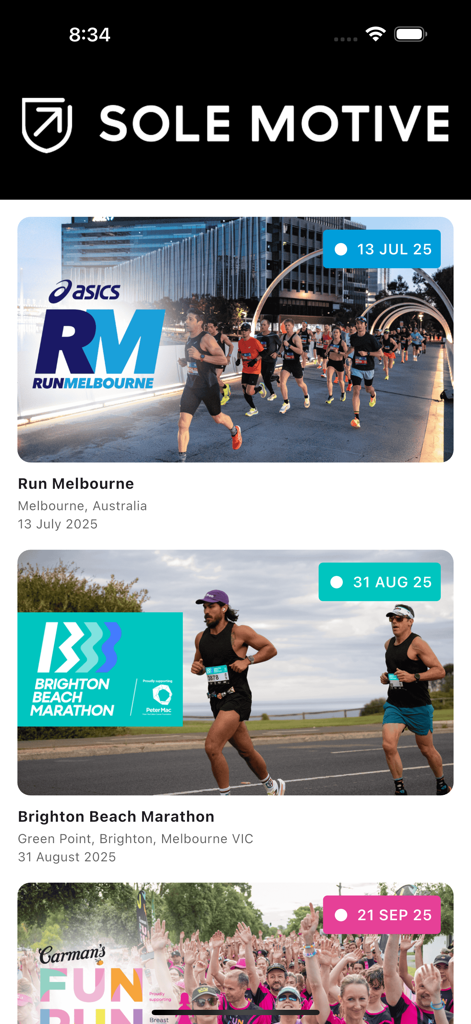 Sole Motive - Sole Motive app screen displaying a list of upcoming running events and marathons