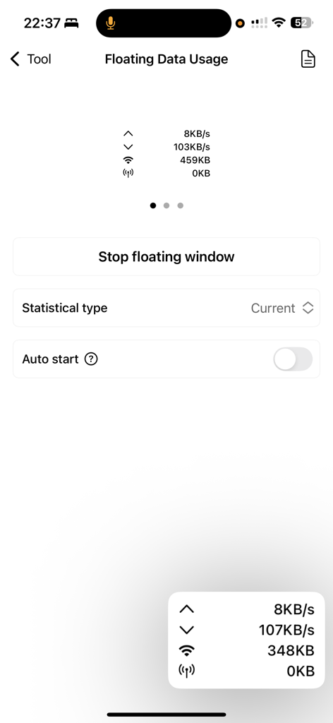 Floating Window - Interface do aplicativo Janela Flutuante para monitorar dados de rede em tempo real e velocidade da internet no iPhone