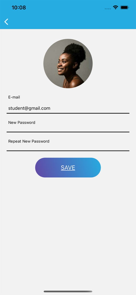 Sesame - Profil-Einstellungen-Bildschirm in der Sesam-App mit Feldern zum Zurücksetzen der E-Mail-Adresse und des Passworts eines Schülers