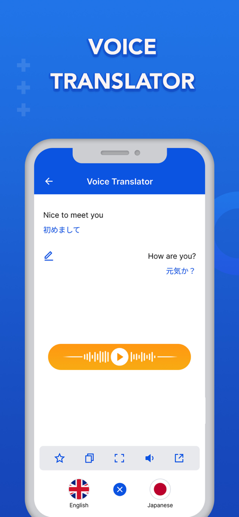 Translator - Voice & Text - Mobile App-Oberfläche, die englisch-japanische Sprachübersetzung mit einem orangefarbenen Audio-Wellenform-Button zeigt