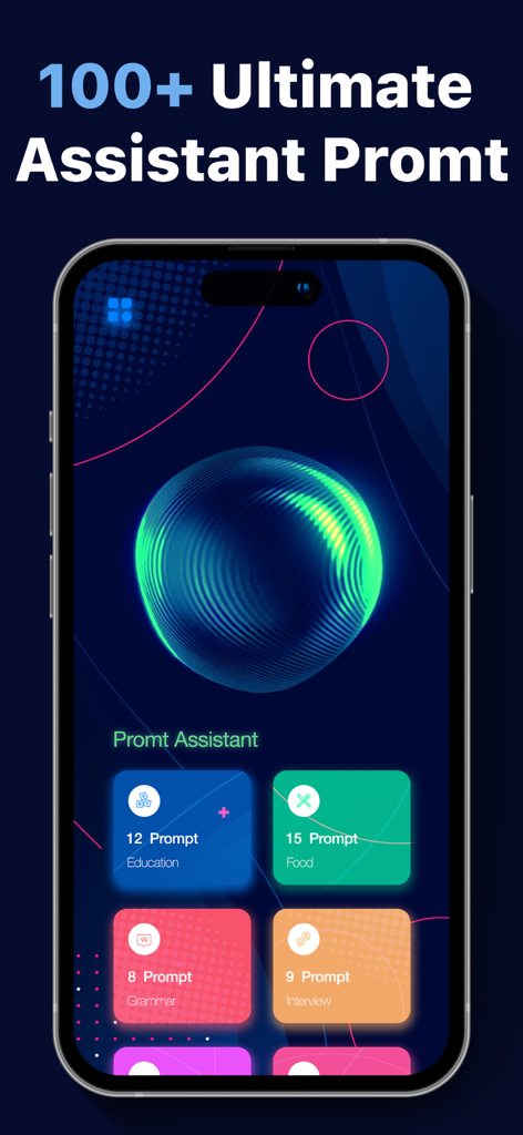 Droid G KI-Chatbot-Bildschirm zeigt Schreibaufforderungskategorien für Produktivität