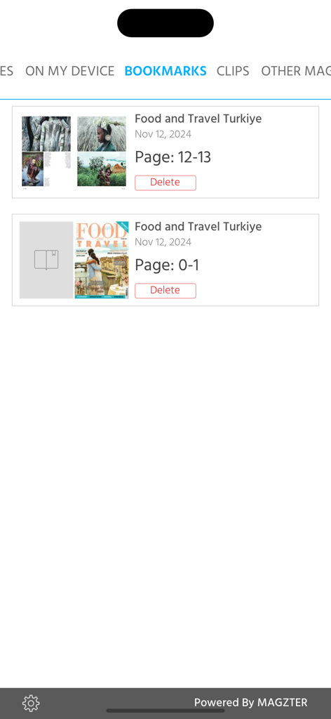 Food and Travel Turkiye - Pantalla de marcadores en la aplicación Food and Travel Turkiye mostrando páginas y portadas de revistas guardadas