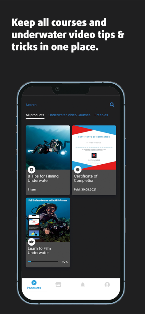 Underwater Video Academy - Captura de pantalla de la aplicación Underwater Video Academy que muestra una lista de cursos de filmación submarina y un certificado de finalización.