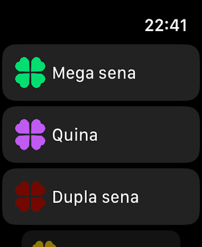 Mega Watch - Schermata del menu dell'app Mega Watch su Apple Watch con varie opzioni di lotteria
