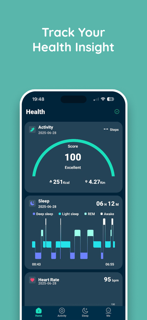 Pebble Halo - The Pebble Halo app health dashboard displaying real-time activity scores, detailed sleep stage analysis, and heart rate monitoring data.