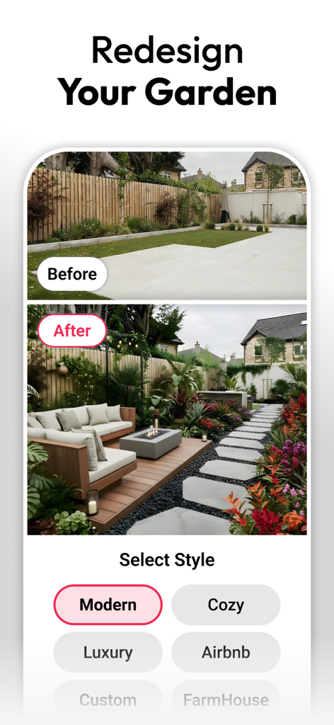 AI Interior Design - Interio - Redesign de jardim com IA mostrando uma comparação antes e depois de uma reforma moderna de quintal