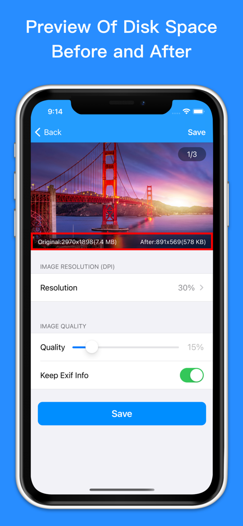 Photo Compress - Resize Image - Tela de smartphone mostrando um aplicativo de compactação de fotos com uma comparação do tamanho do arquivo antes e depois de redimensionar uma imagem de uma ponte