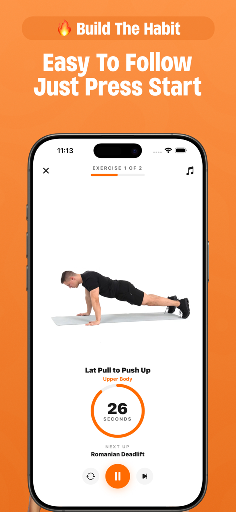 1 Minute Workout: Daily Habit - Interface of the 1 Minute Workout app showing a man performing a push up exercise with a 26 second countdown timer