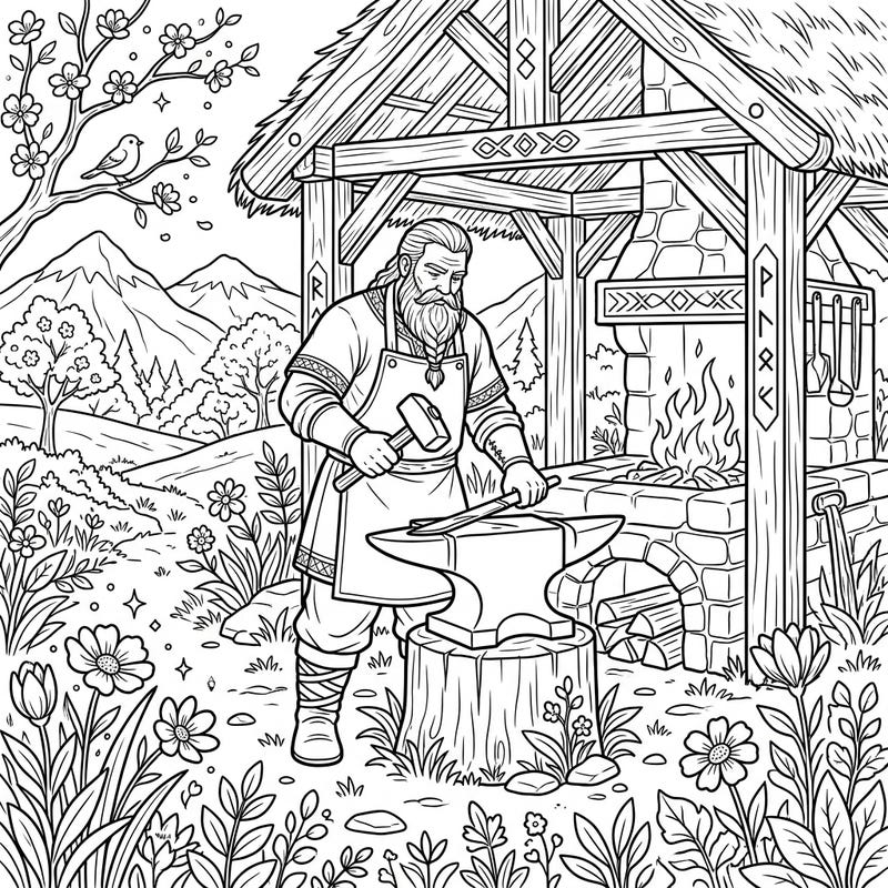 Step into a fascinating world where a mighty Viking blacksmith plies his trade amidst the fresh beauty of spring. This intricate coloring page invites you to bring vibrant life to a historical craft and a blossoming landscape.
