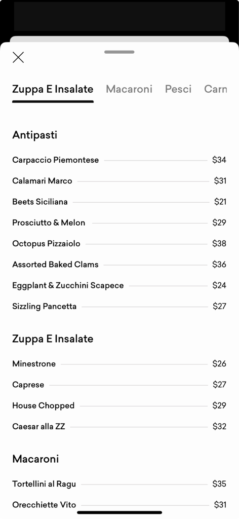 Dorsia Members Club - Exclusive Italian restaurant menu with pricing displayed inside the Dorsia Members Club app interface