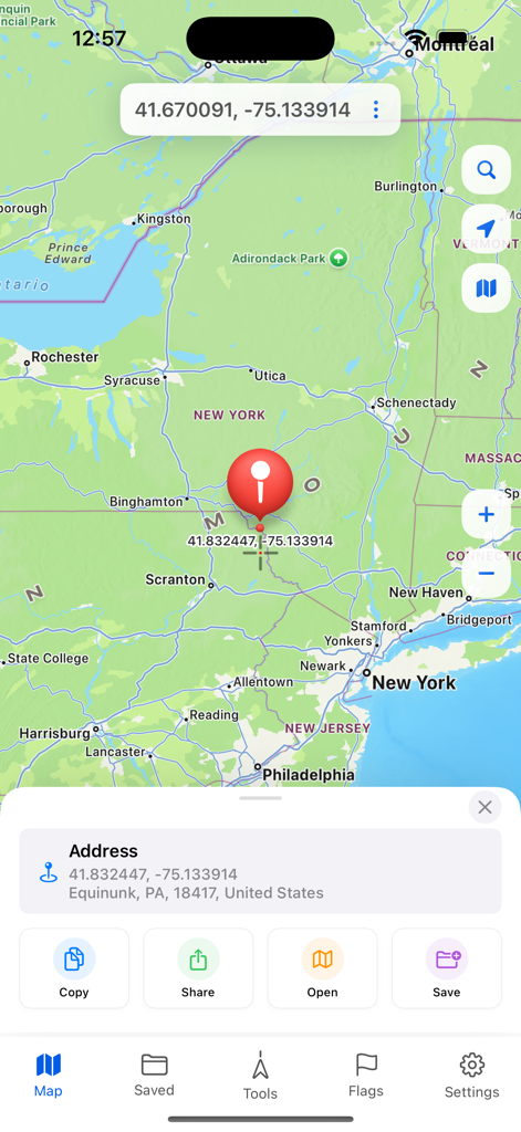 GPS Coordinates Locator Map - Interface of the GPS Coordinates Locator Map app showing a red location pin with latitude and longitude data on a map of Pennsylvania.