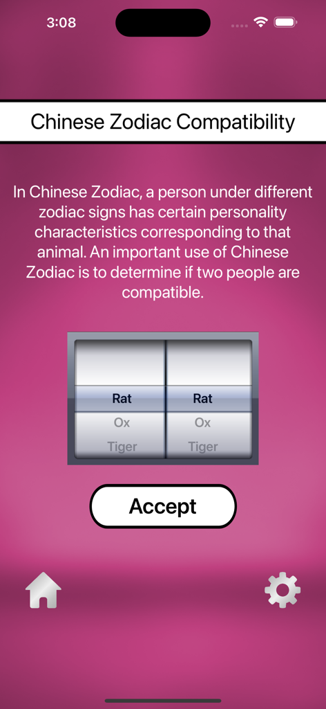 Love Test: Love Calculator - Schermata di selezione della compatibilità dello zodiaco cinese nell'app Love Test con un selettore a rotella per i segni zodiacali