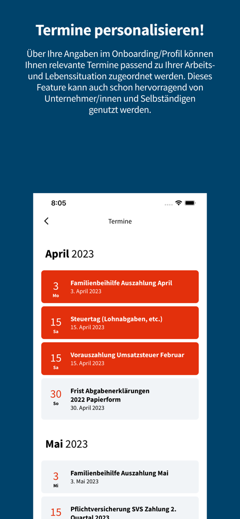 Mobile app screen showing a personalized calendar with tax deadlines and payment dates for the Austrian Federal Ministry of Finance.