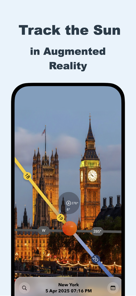 Sun Tracker AR - Sun Tracker ARでビッグ・ベンに重なる太陽軌道の拡張現実（AR）ビュー
